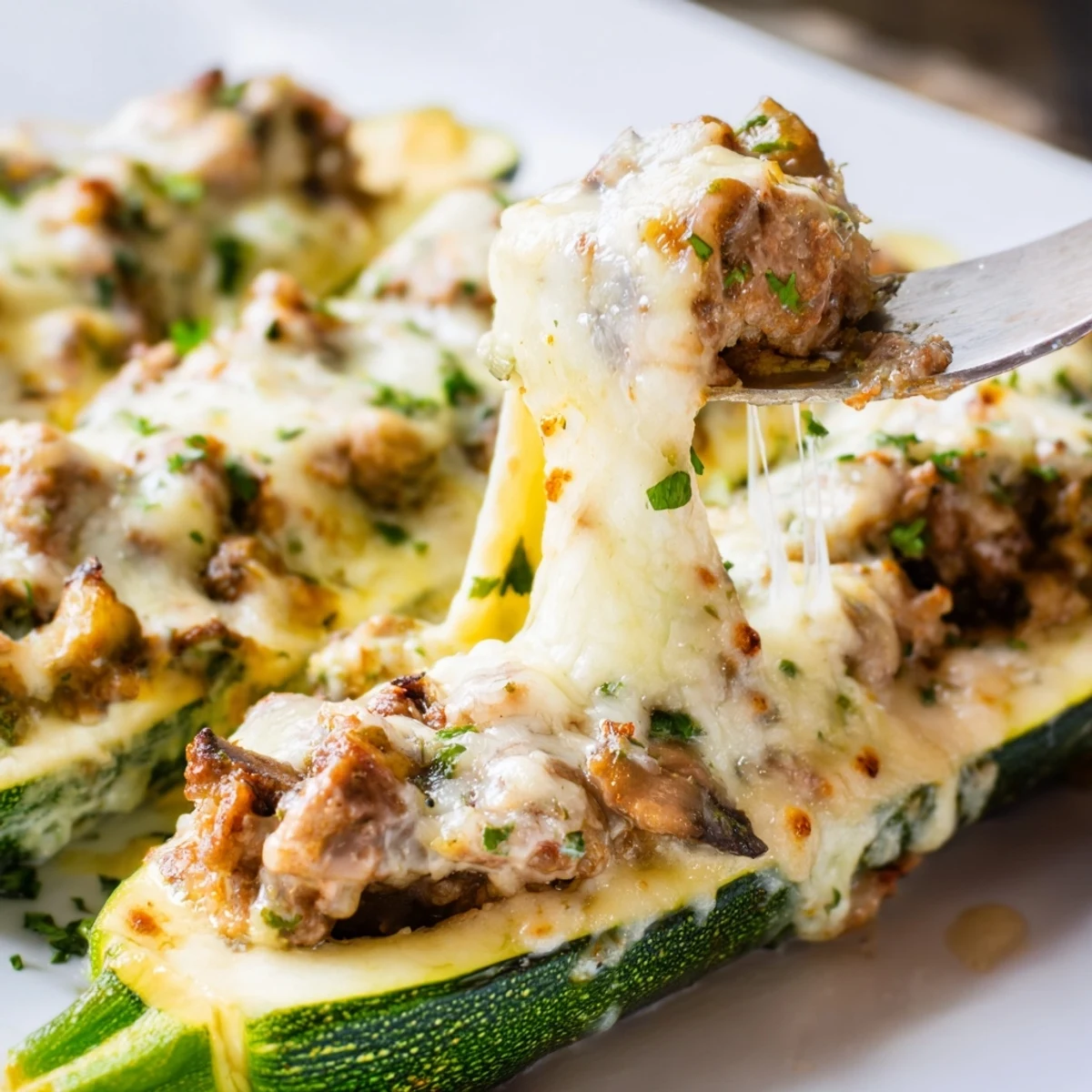Golden brown zucchini boats overflowing with seasoned beef tenderloin and melted mozzarella cheese