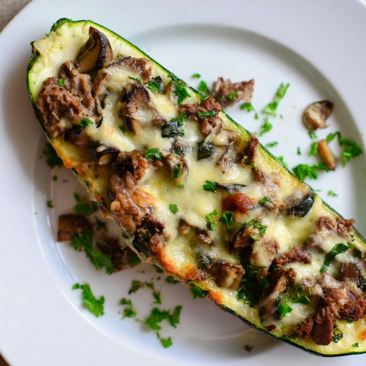 Fresh parsley garnished beef tenderloin mushroom stuffed zucchini boats on a white baking sheet