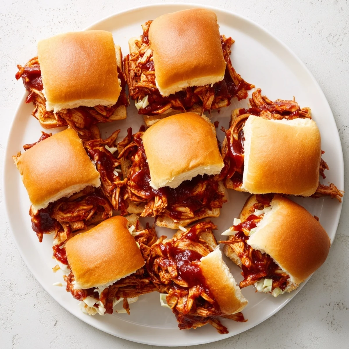 Golden BBQ pulled chicken sliders piled high on soft Hawaiian sweet rolls with coleslaw