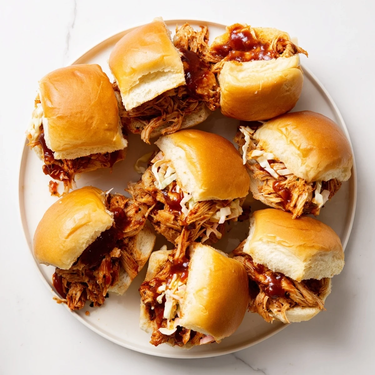 Smoky tender pulled chicken stuffed into toasted Hawaiian rolls for easy party appetizers