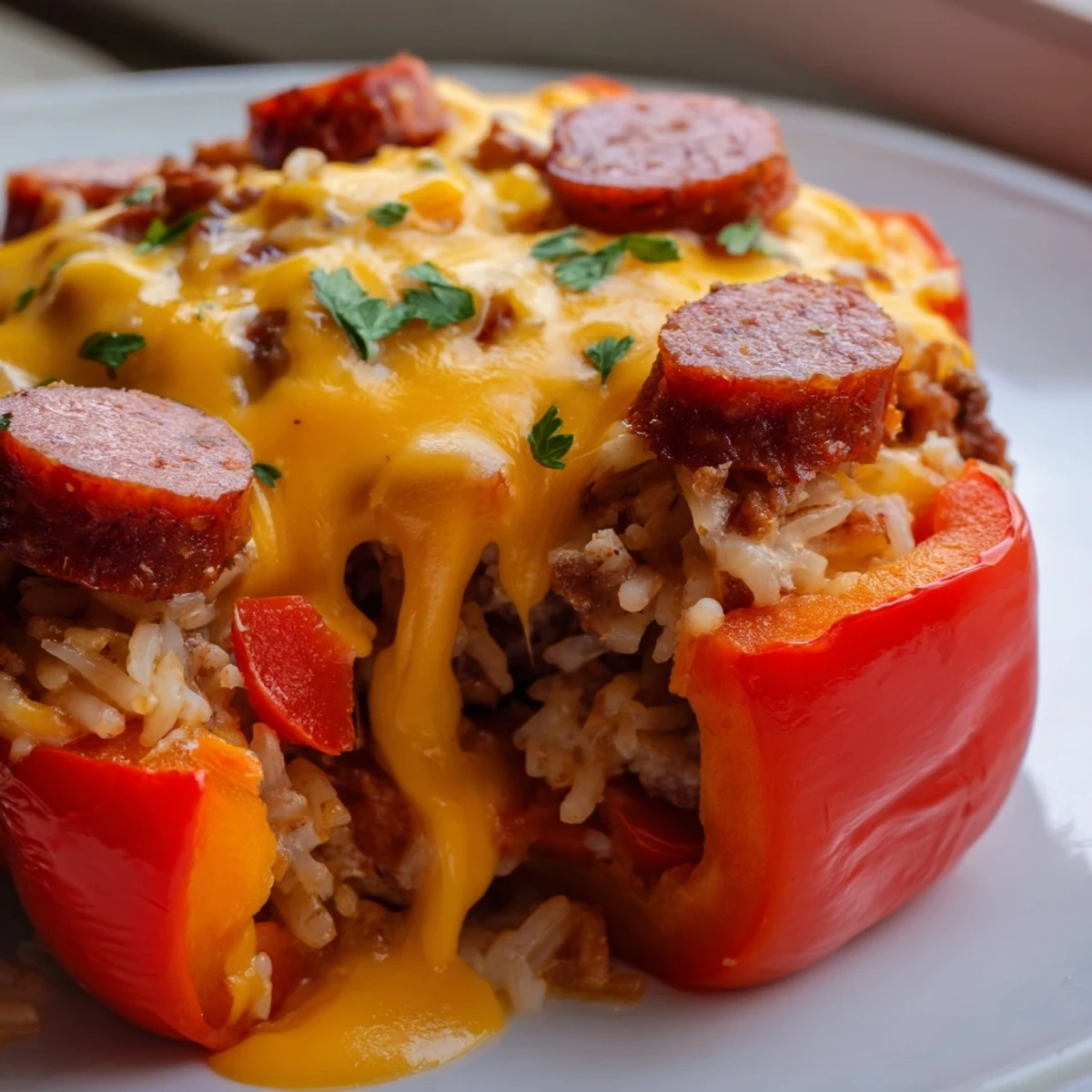Golden melted cheese tops these kielbasa stuffed bell peppers with savory beef rice filling