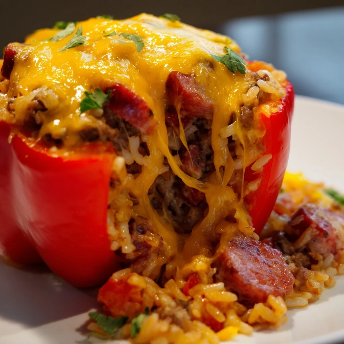 Four tender baked bell peppers overflowing with kielbasa beef rice and melted cheddar cheese