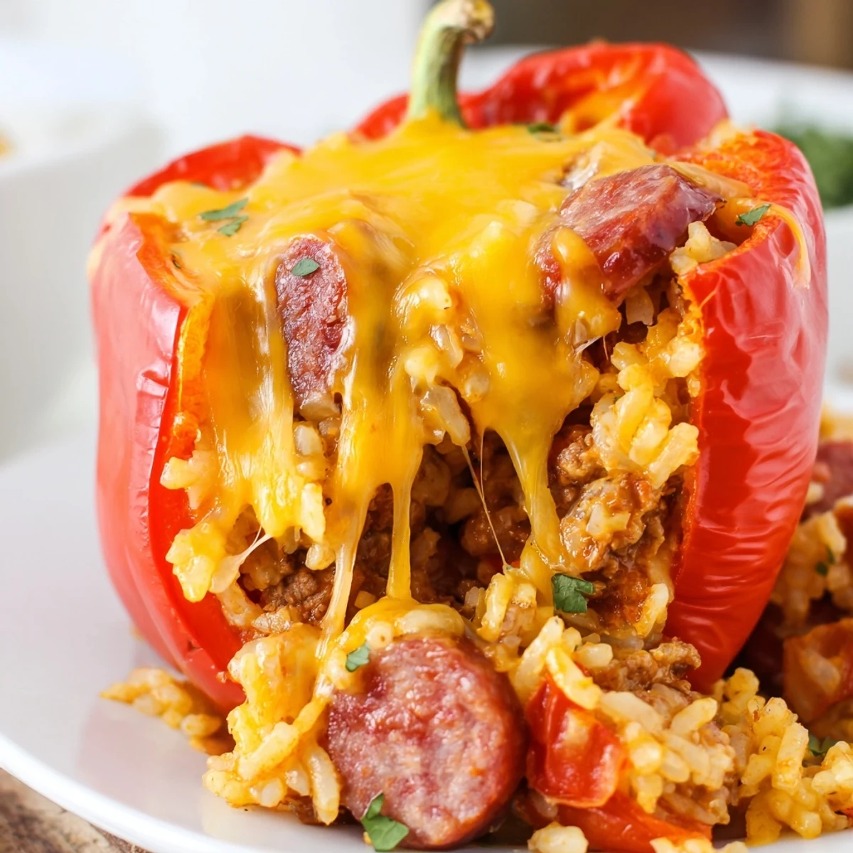 Hearty kielbasa stuffed bell peppers baked to golden perfection with cheesy beef and rice filling