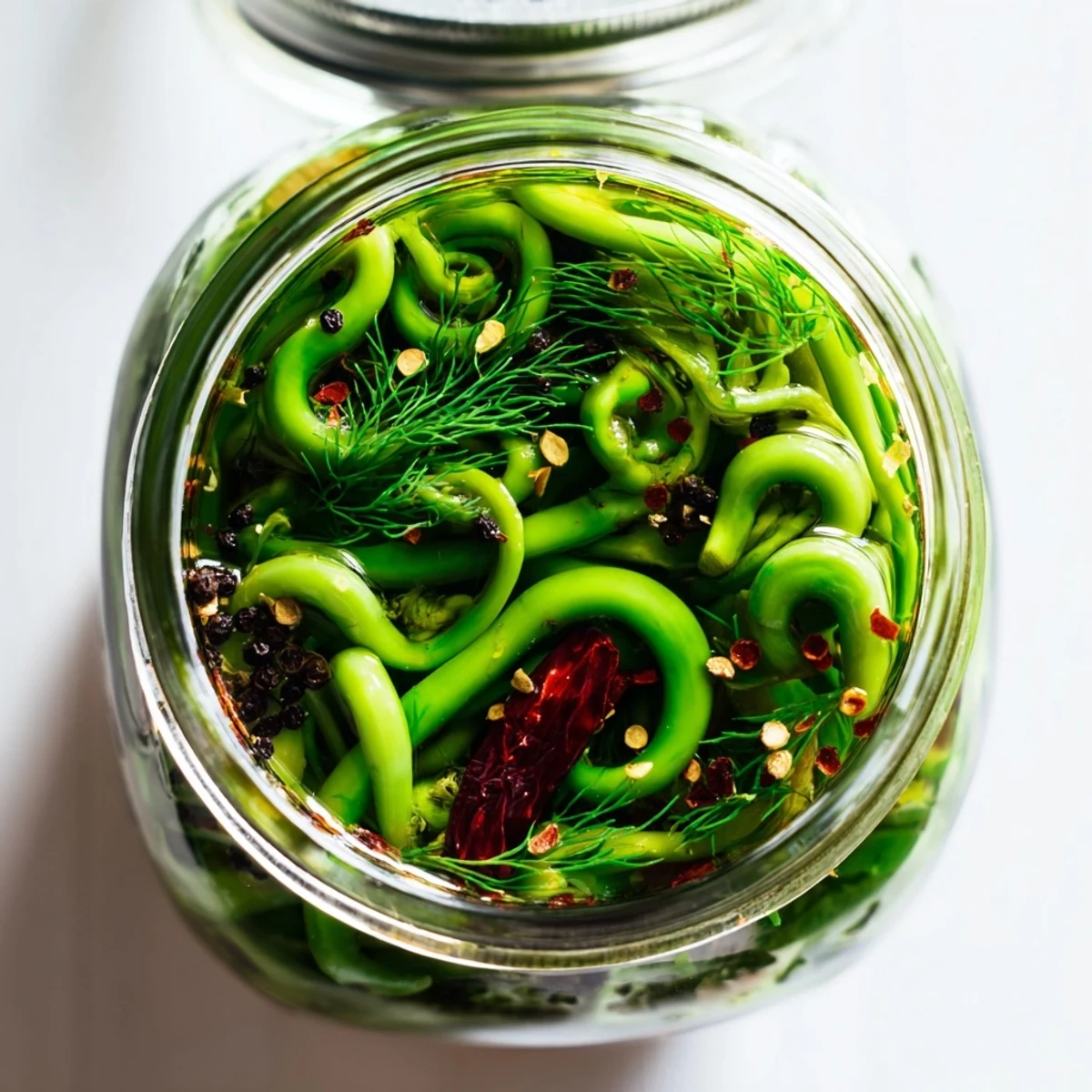 Vibrant green garlic scapes curled in mason jars with aromatic spices and whole dried chilies floating in clear brine