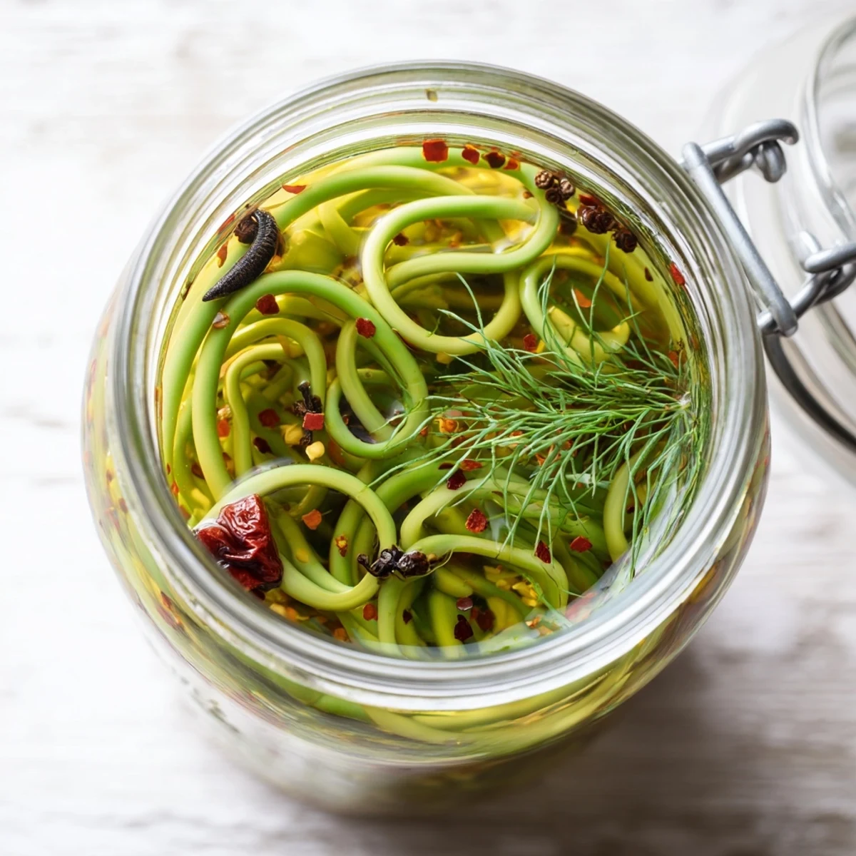 Glass jar packed with curly spicy pickled garlic scapes submerged in tangy vinegar brine with visible peppercorns and chili flakes