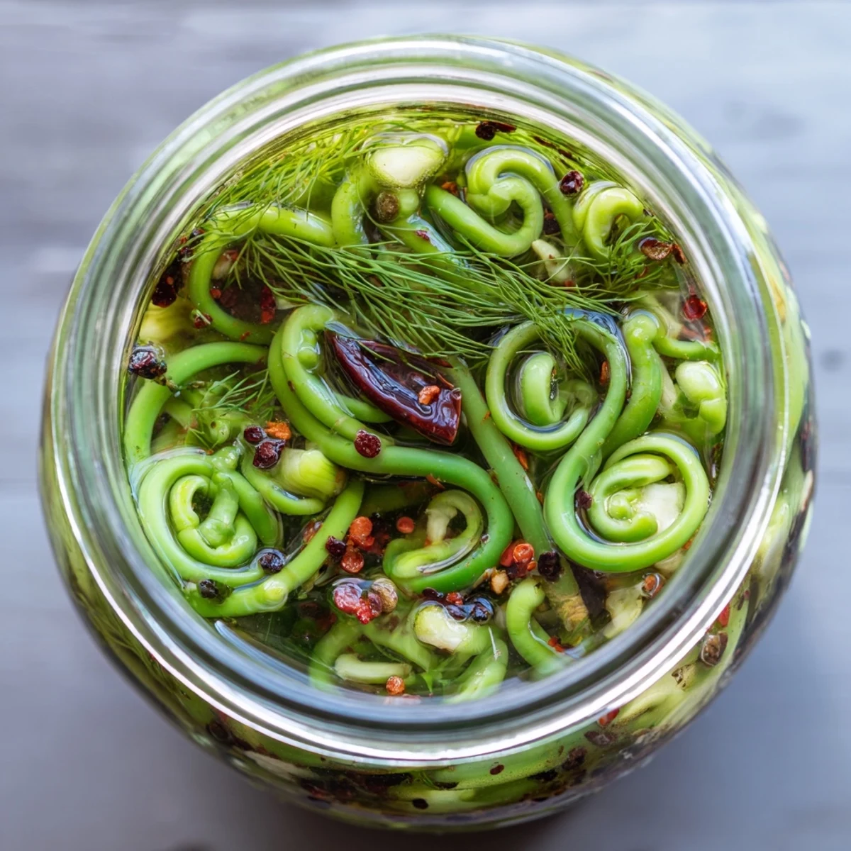 Close up of crisp pickled garlic scapes layered with fresh dill sprigs and mustard seeds in preserved condiment jars