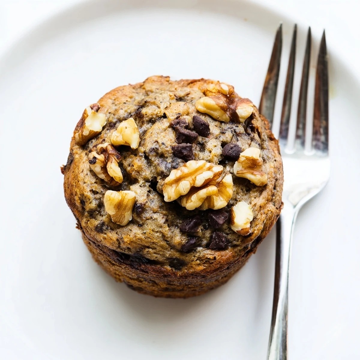 Freshly baked healthy banana nut muffins with ripe banana pieces and crunchy pecans in a muffin tin