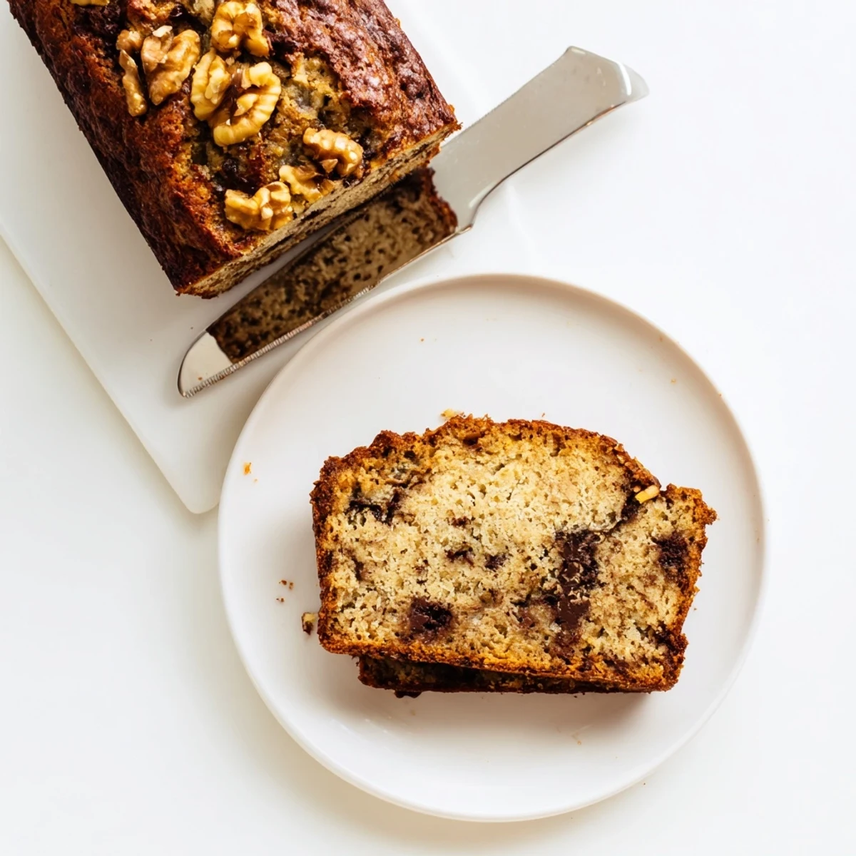 Golden brown protein banana bread oil free loaf sliced on wooden board with visible nuts
