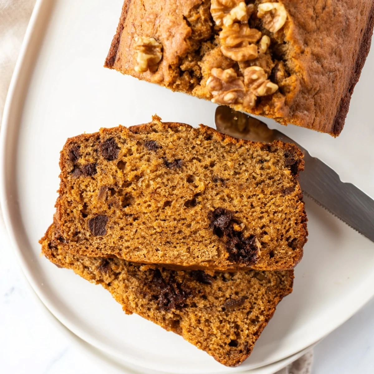 Moist protein banana bread oil free square served on white plate with scattered walnuts