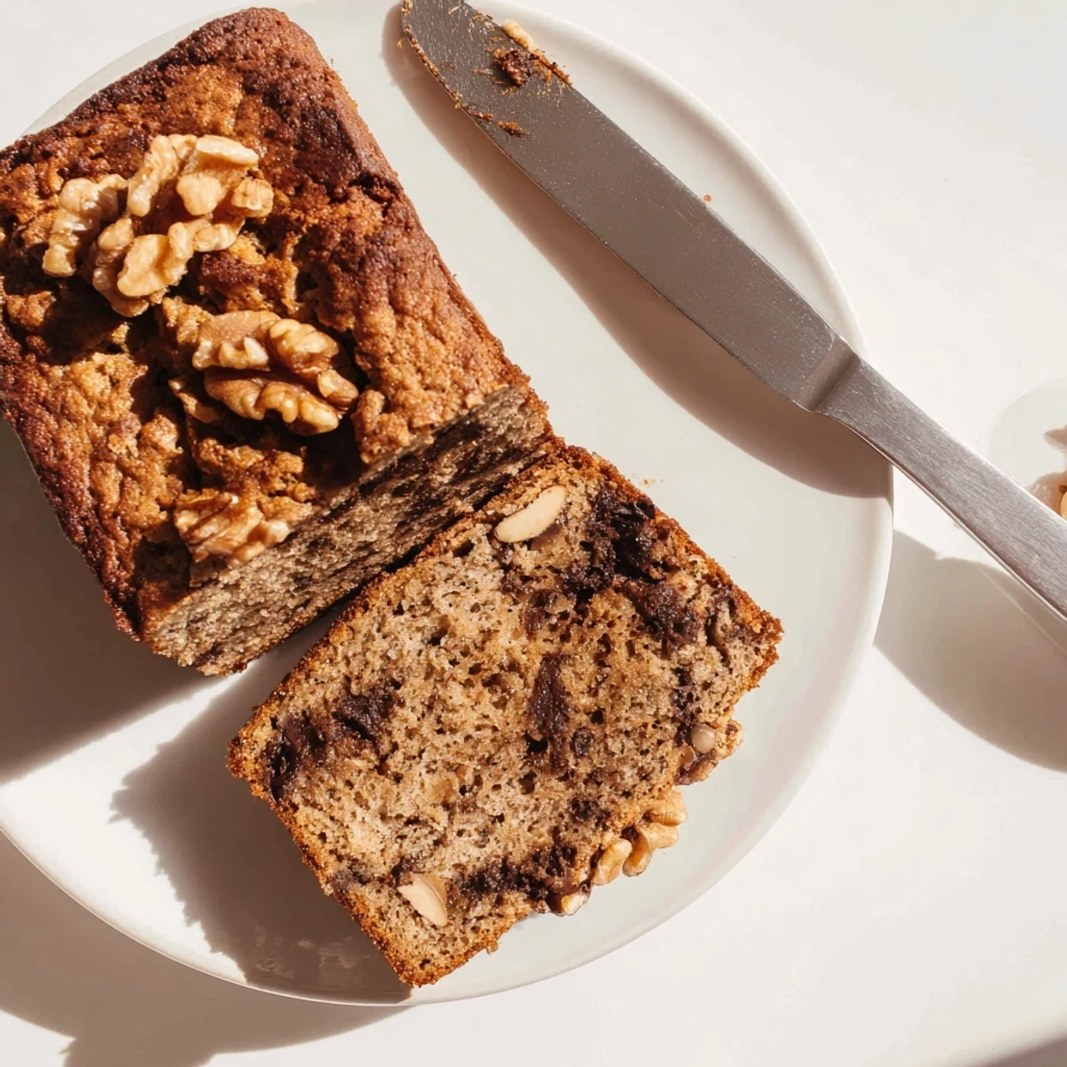 Freshly baked protein banana bread oil free resting in loaf pan with golden crust