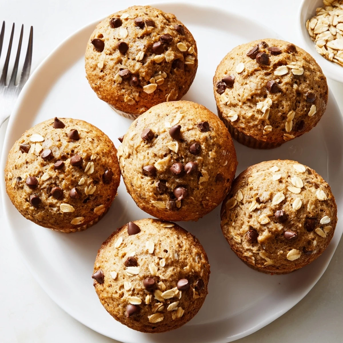 Golden banana chocolate chip muffins with oats baked to golden perfection on a wire rack