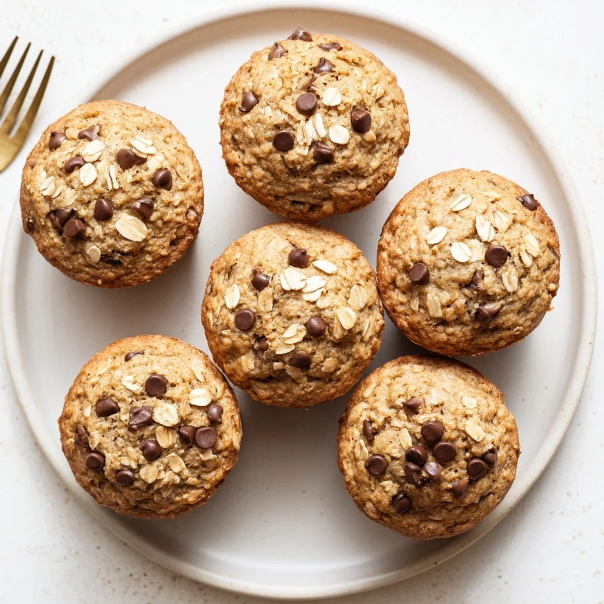 Freshly baked banana chocolate chip muffins with oats cooling in a lined muffin tin