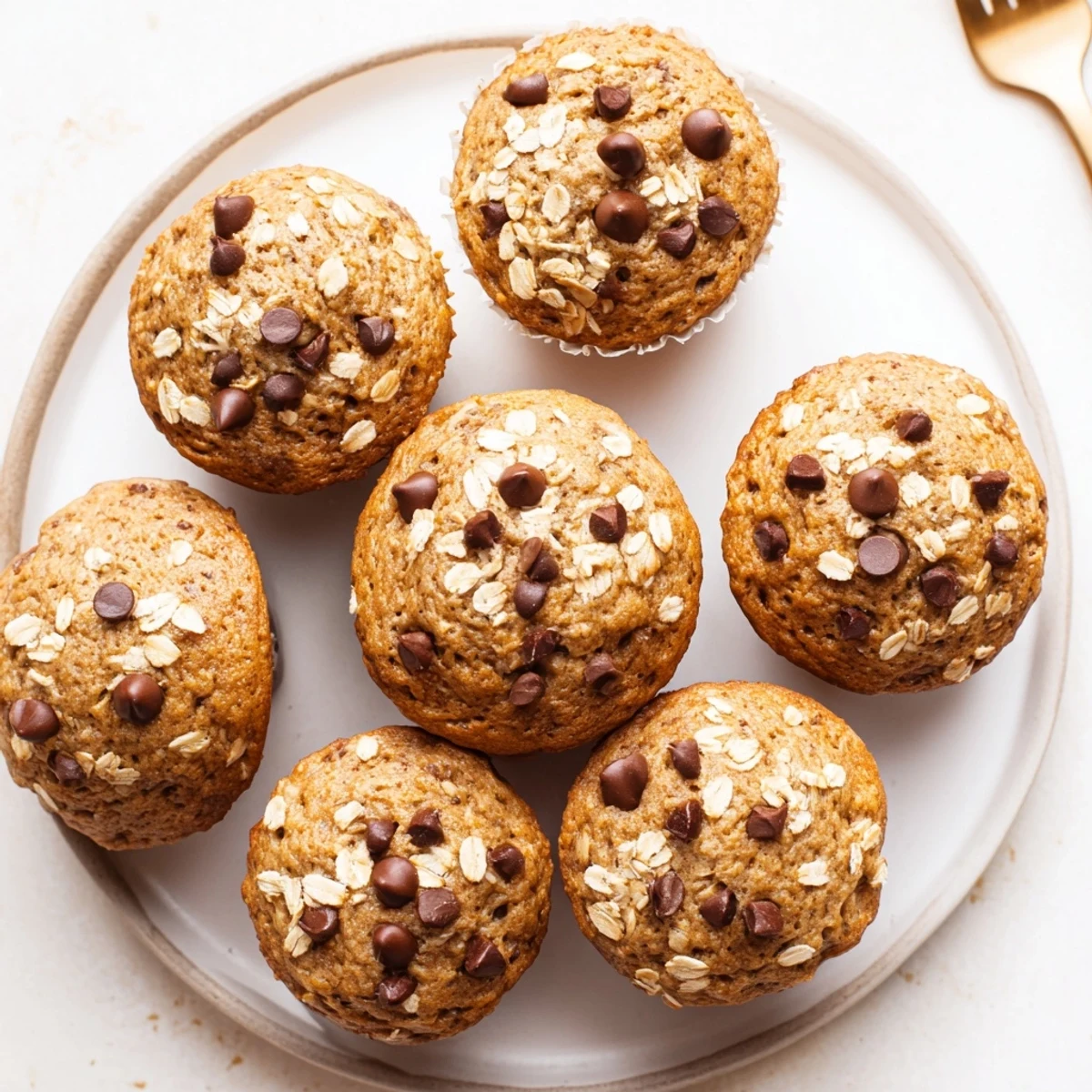 Moist banana chocolate chip muffins topped with melty chocolate chips and hearty oat speckles