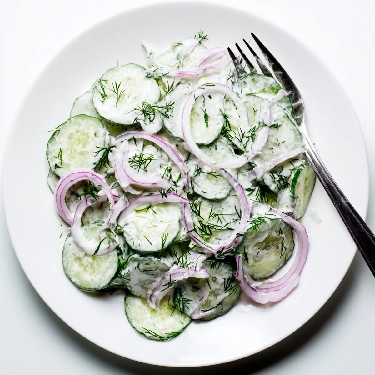 Crisp cucumber dill salad featuring red onions and fresh herbs in white bowl