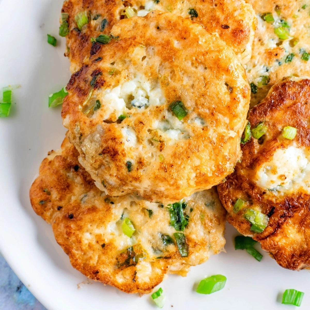 Golden brown keto cheesy chicken fritters served on a white plate with fresh parsley garnish
