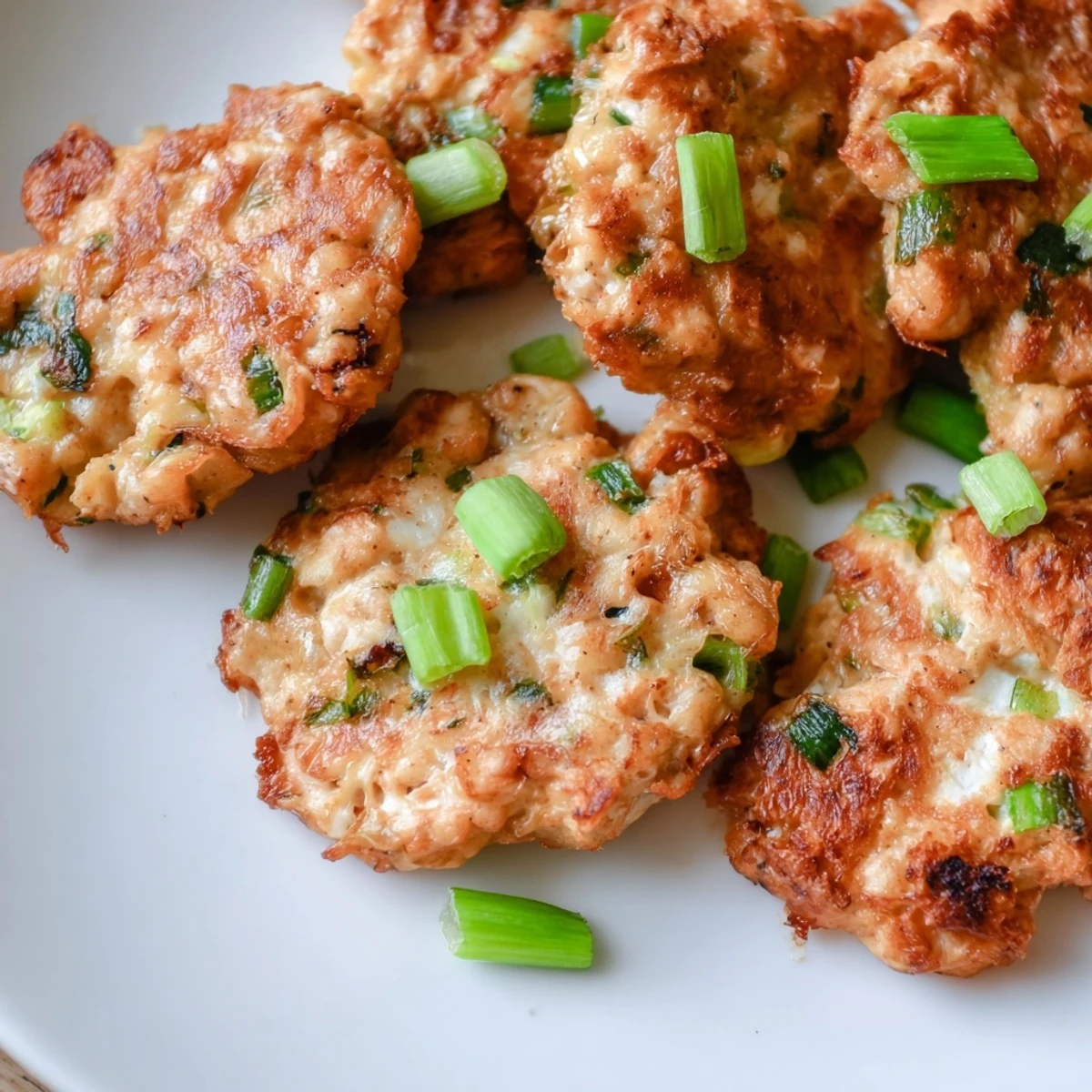 Pan-fried keto cheesy chicken fritters displaying a crispy exterior with melted mozzarella cheese visible