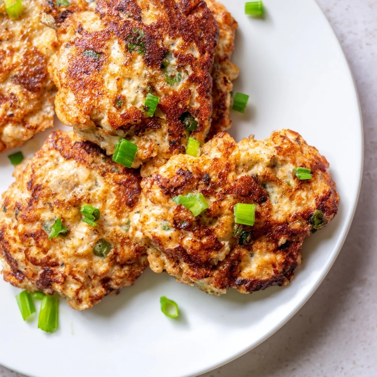 Plate of steaming keto cheesy chicken fritters alongside a fresh green salad and dipping sauce