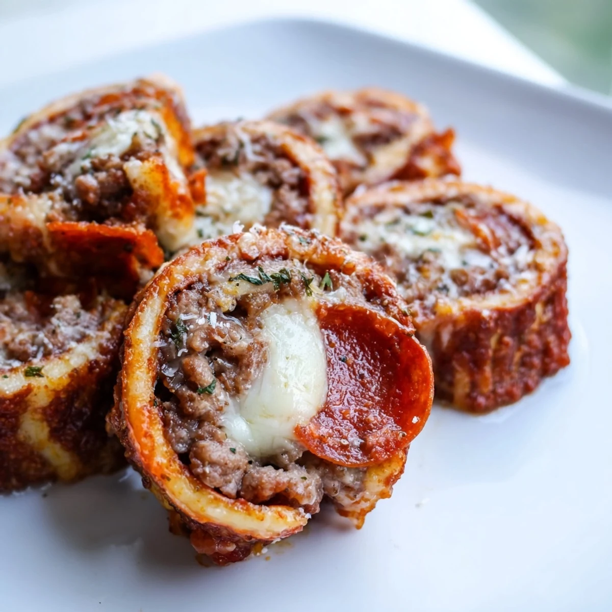 Golden brown keto beef pepperoni cheese roll ups with melted mozzarella and a sprinkle of parmesan on a white plate