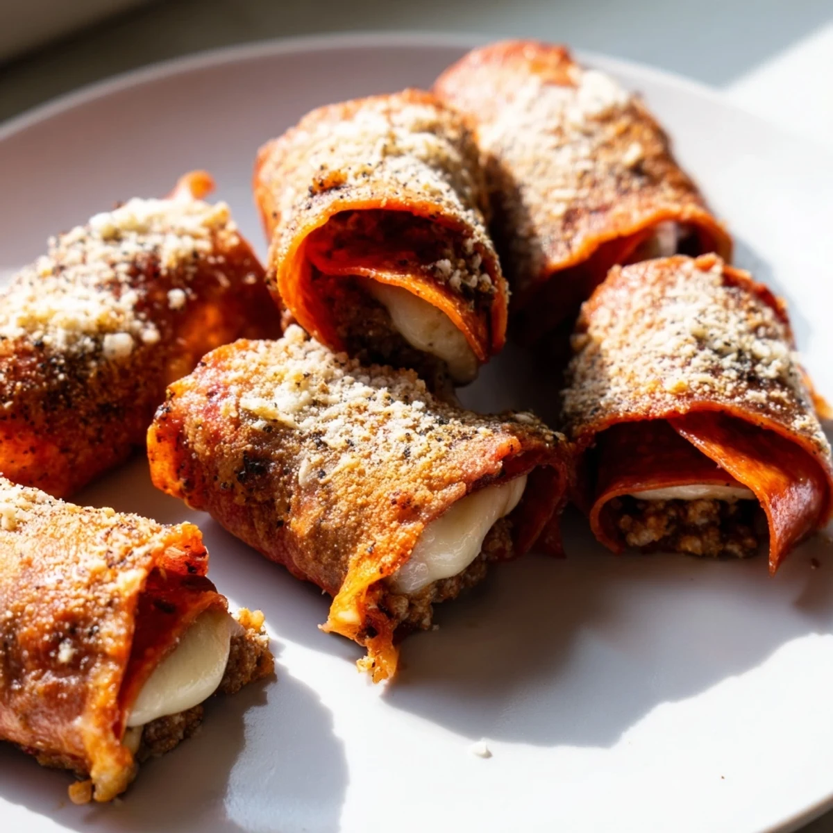 Savory low-carb appetizer of beef and pepperoni roll ups oozing with cheese, served with marinara dipping sauce