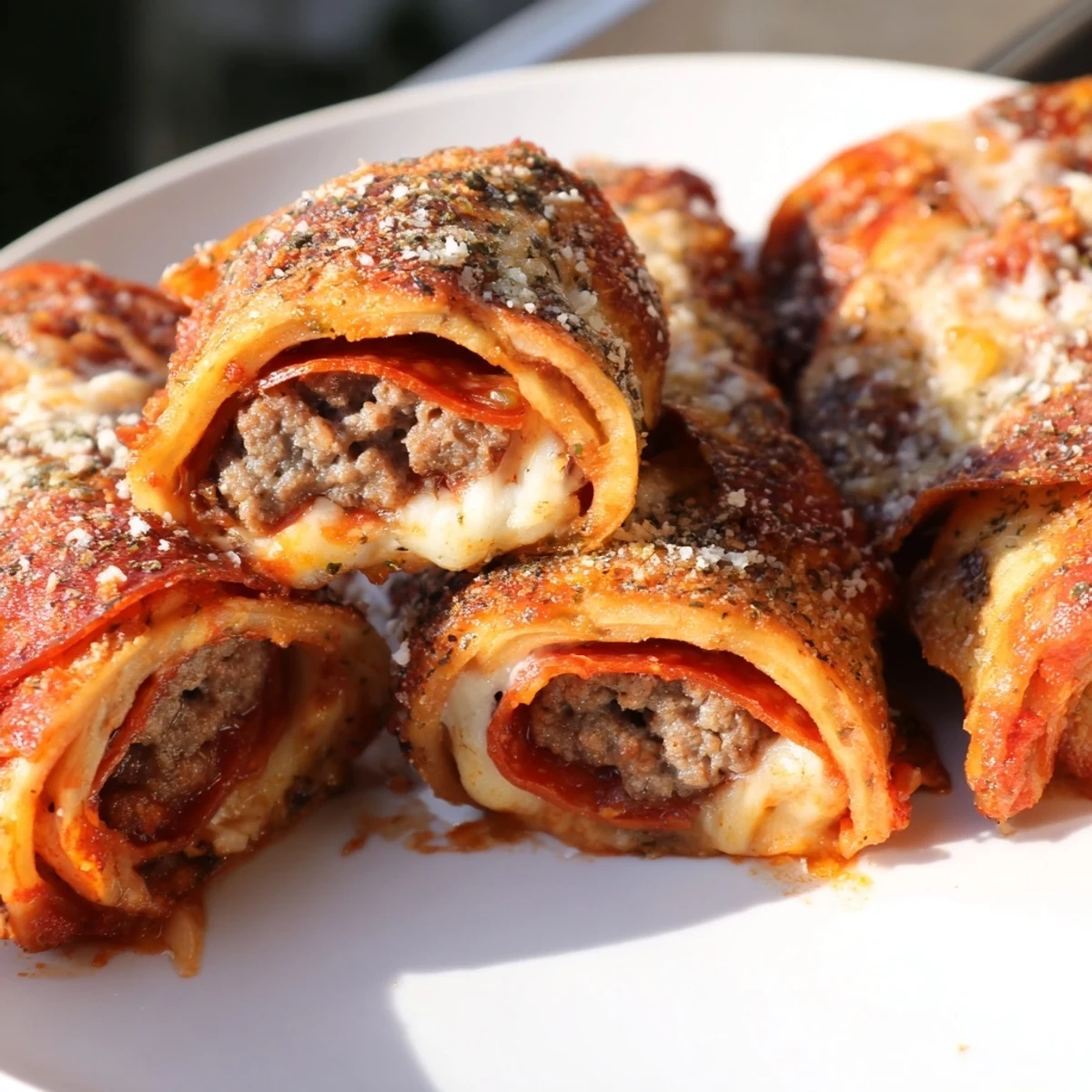 Freshly baked keto beef pepperoni cheese roll ups arranged on a baking sheet with bubbling cheese topping