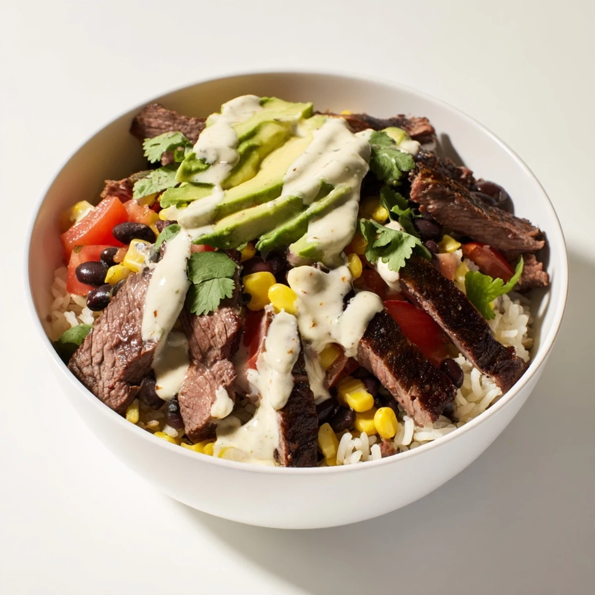 Tex-Mex style rice bowl featuring seasoned steak strips creamy queso sauce and fresh vegetable toppings