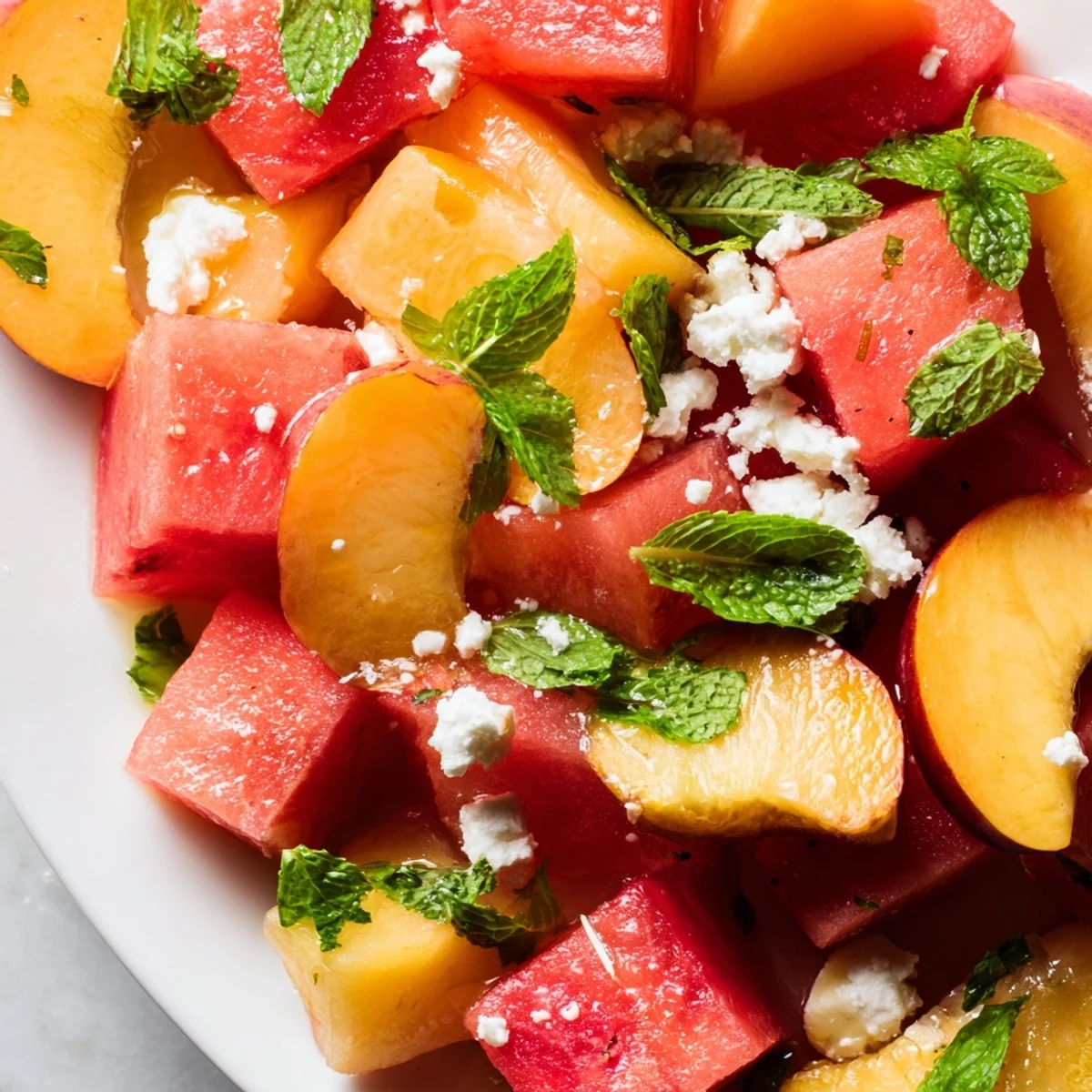 Colorful peach watermelon salad featuring fresh mint leaves and crumbled feta in a white serving bowl