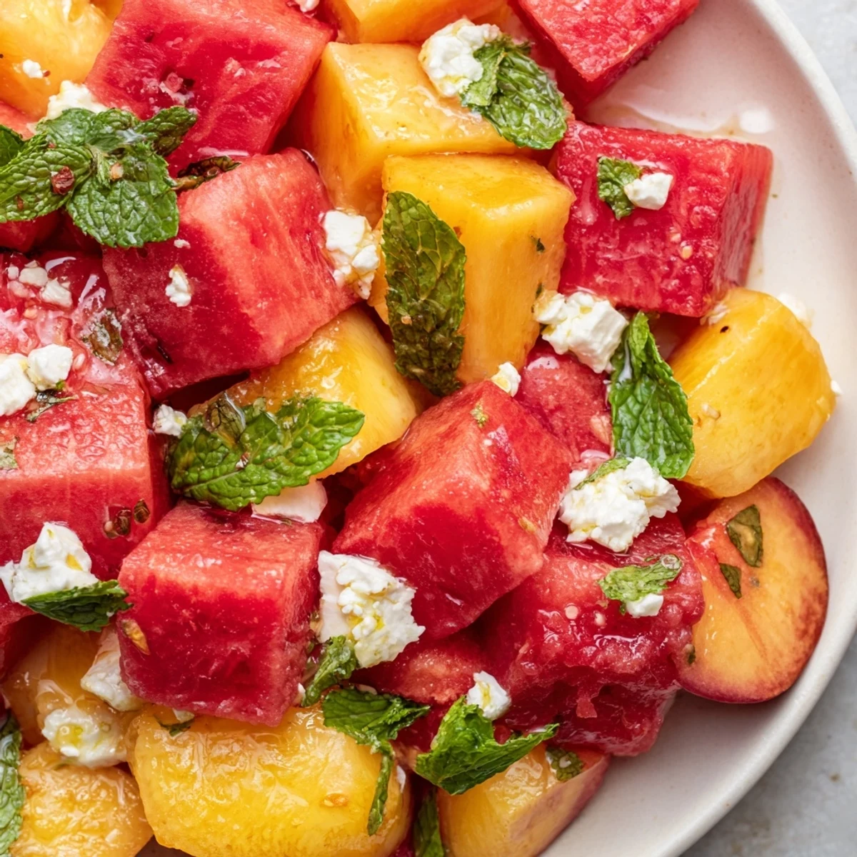 Refreshing peach watermelon salad tossed with citrus dressing and garnished with torn fresh mint