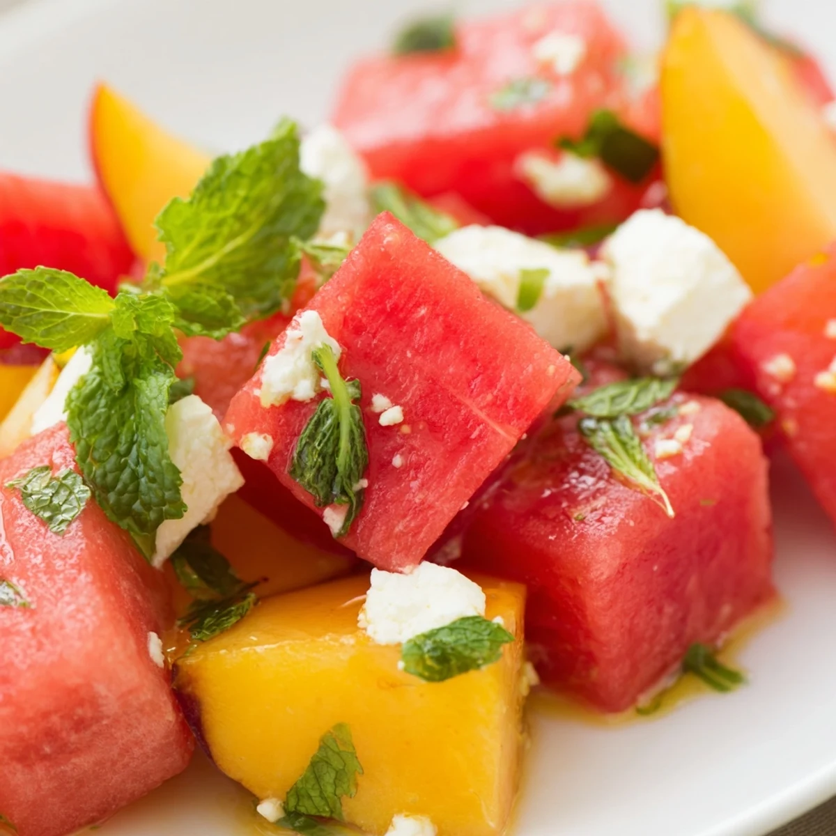 Juicy peach and watermelon chunks with herbs and optional feta cheese on a rustic wooden board