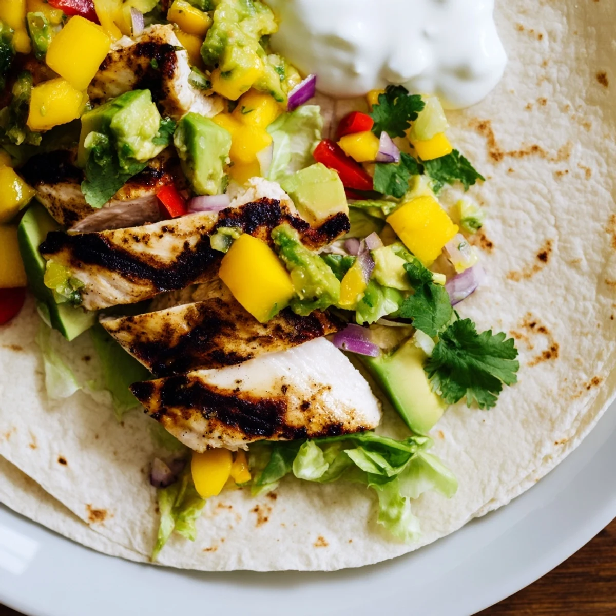 Golden grilled chicken wrapped in warm tortillas with vibrant avocado mango salsa