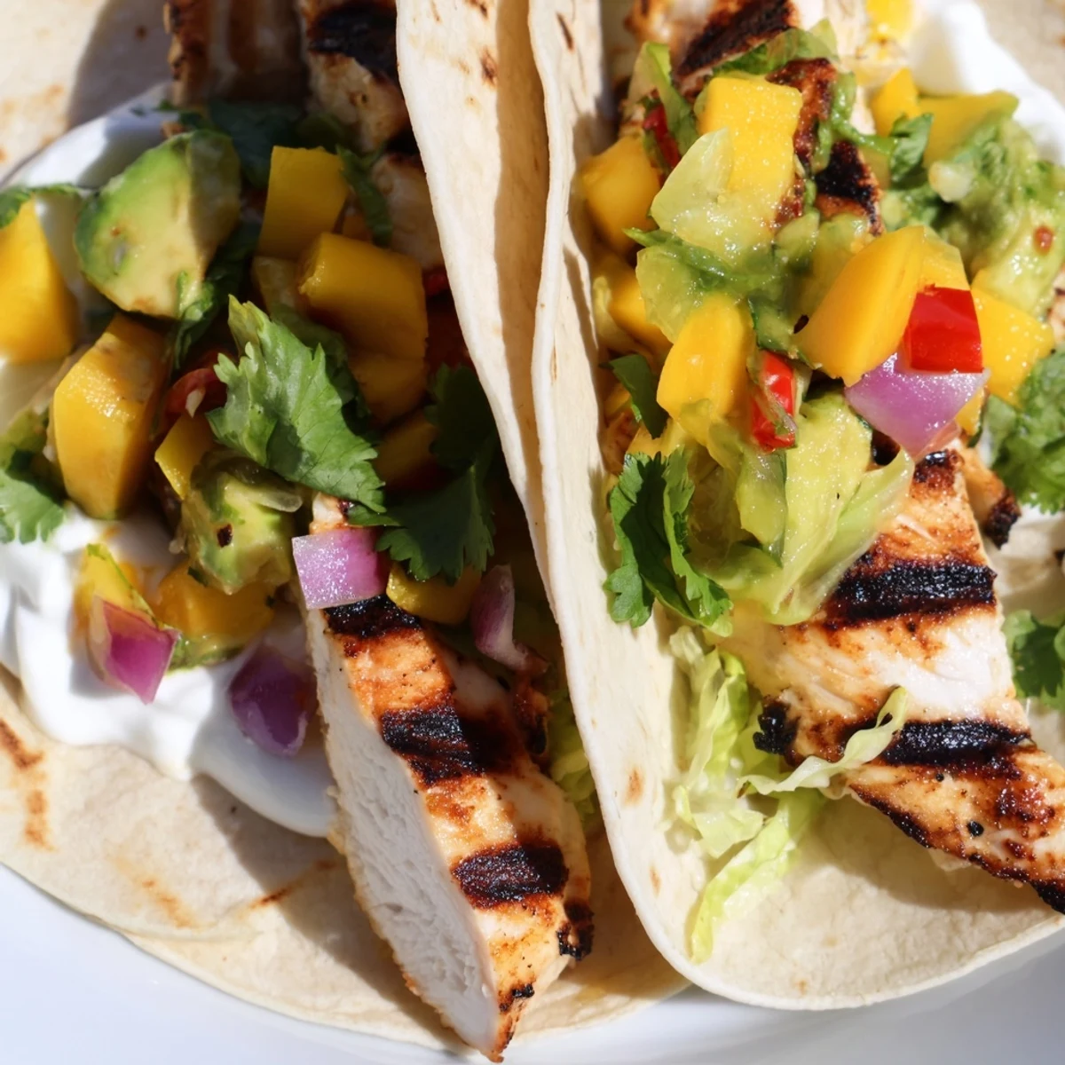 Slice of summer grilled chicken wrap revealing juicy meat and colorful tropical salsa