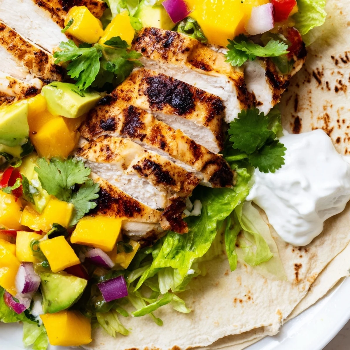 Summer grilled chicken wraps plated with fresh lime wedges and creamy avocado mango topping