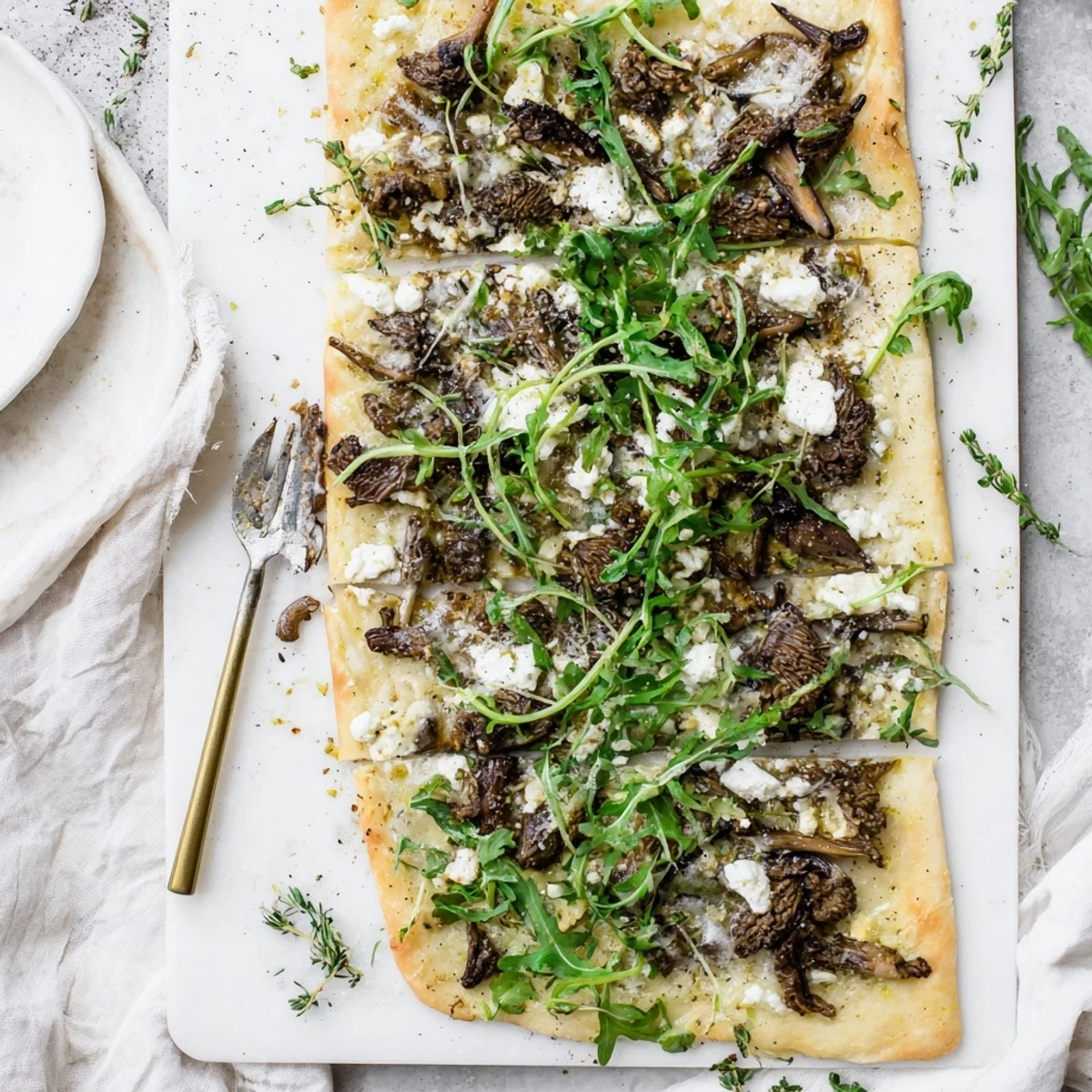 Golden morel mushroom arugula flatbread with truffle oil drizzle and fresh peppery greens