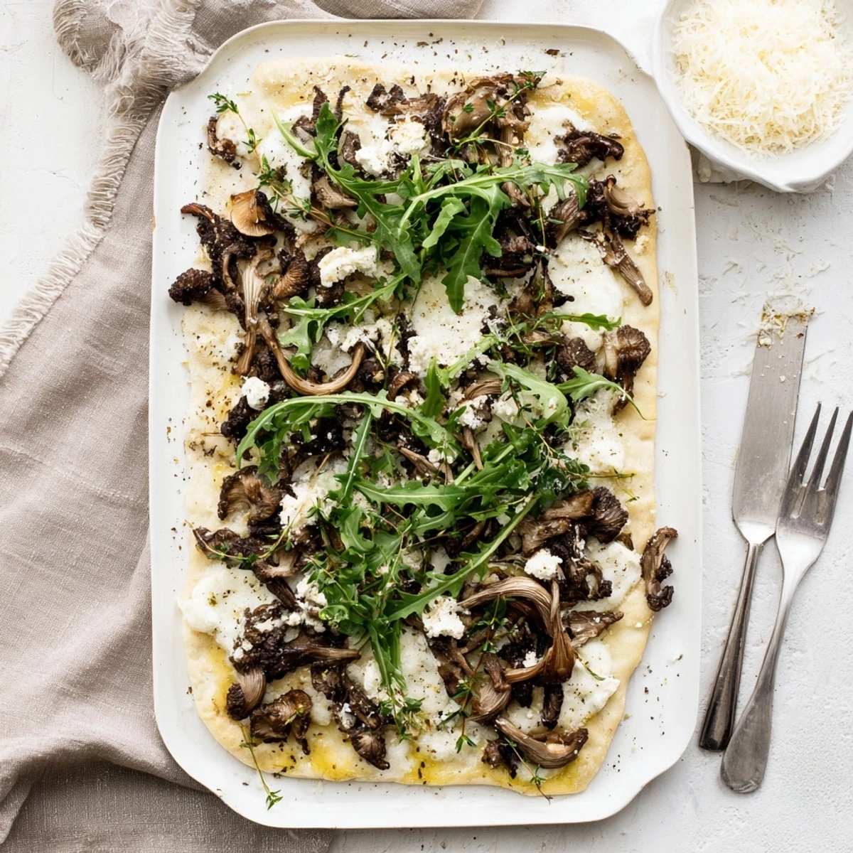 Crispy flatbread topped with melted cheeses and earthy morel mushrooms finished with truffle oil