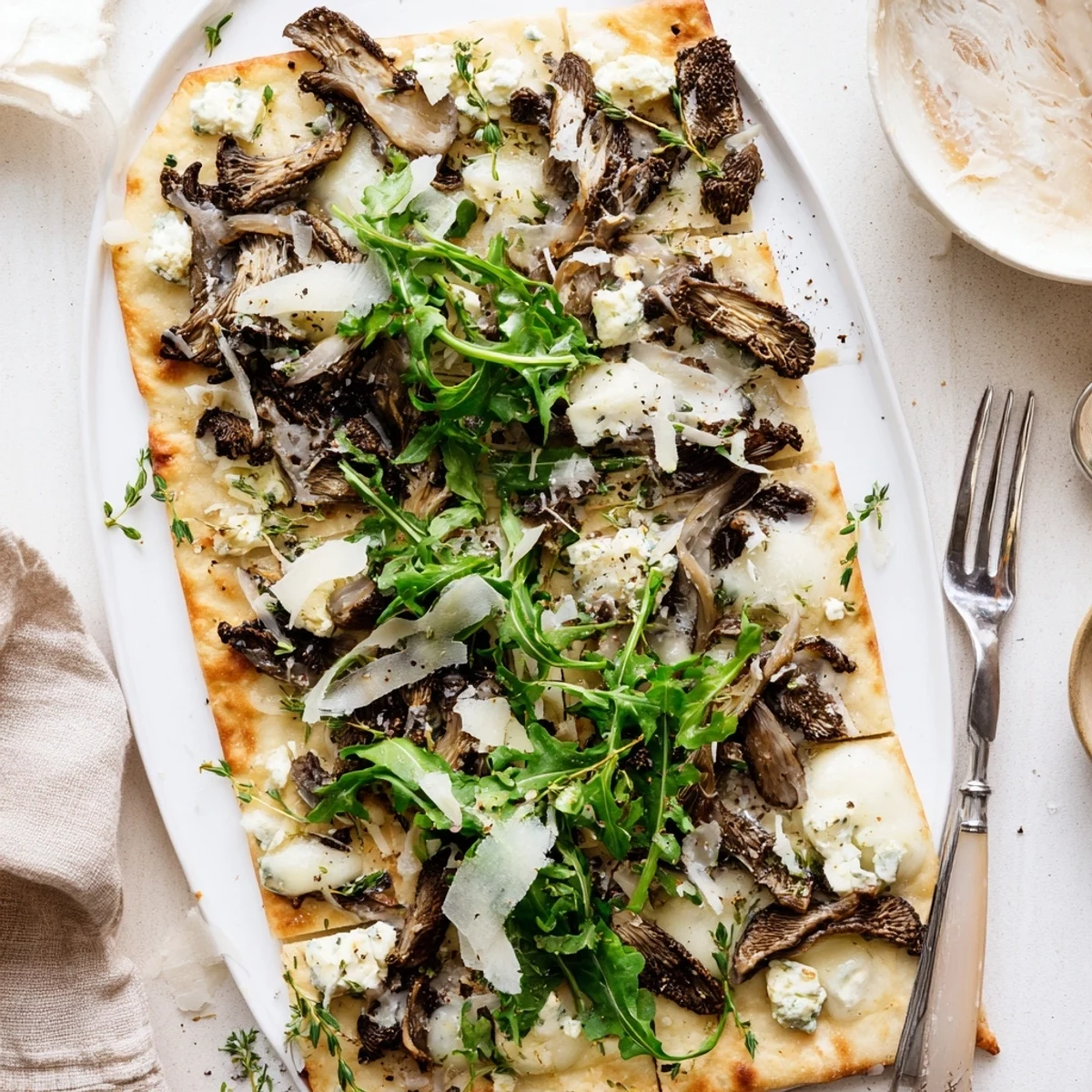 Gourmet morel mushroom arugula flatbread featuring bubbly mozzarella and luxurious truffle oil garnish