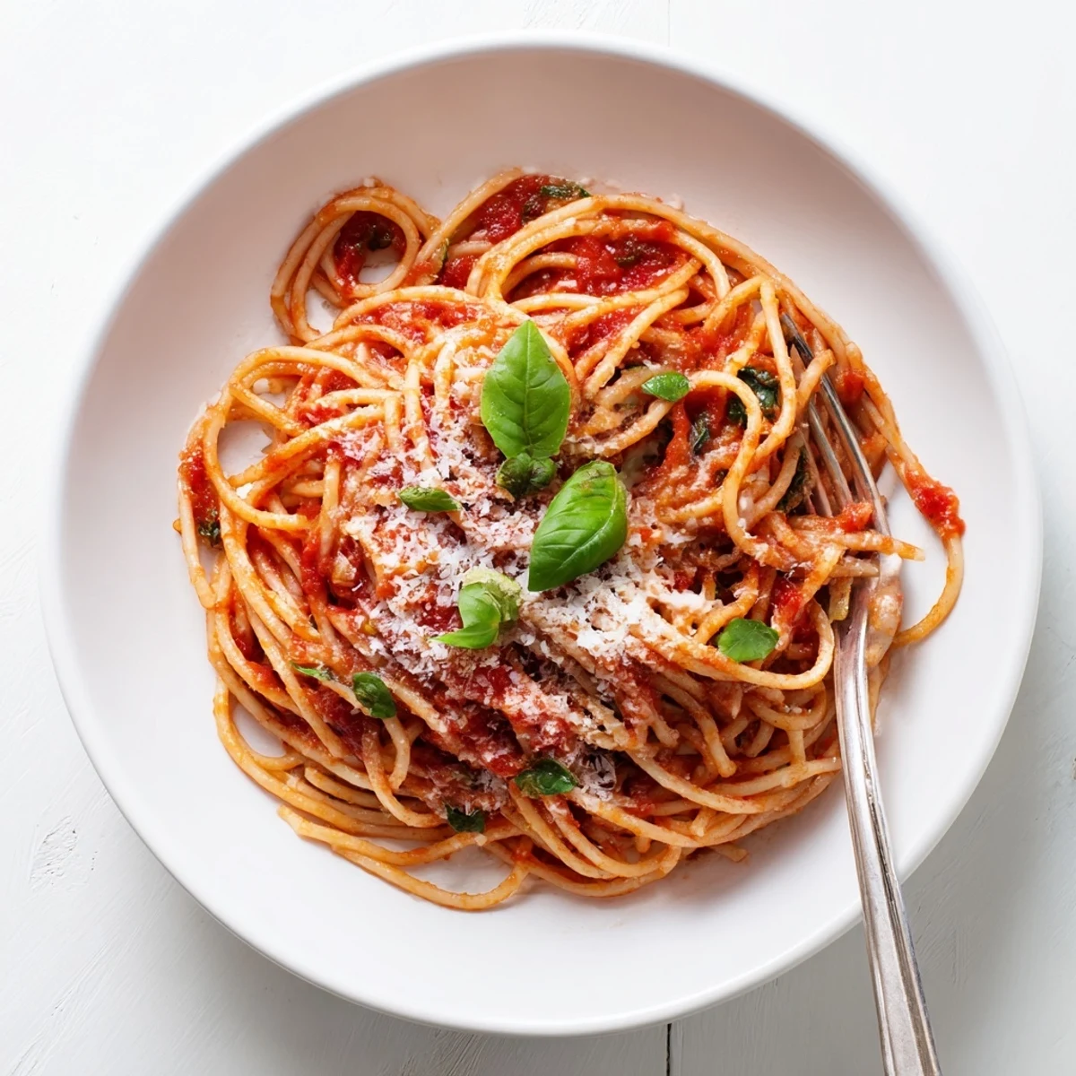 Steaming plate of tender pasta coated in savory red tomato sauce and parmesan