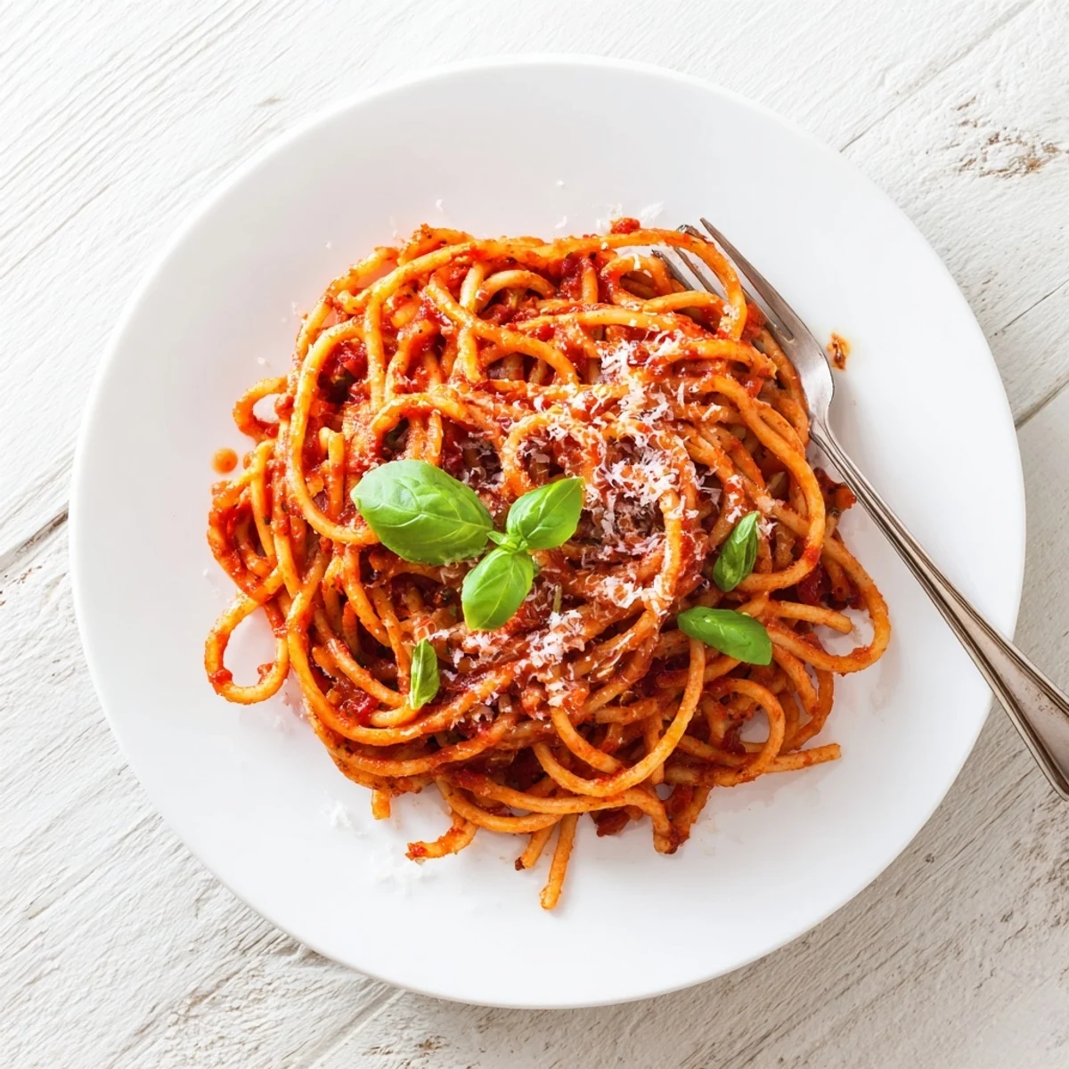 Homemade Italian pasta with rich tomato sauce garnished with fresh basil leaves