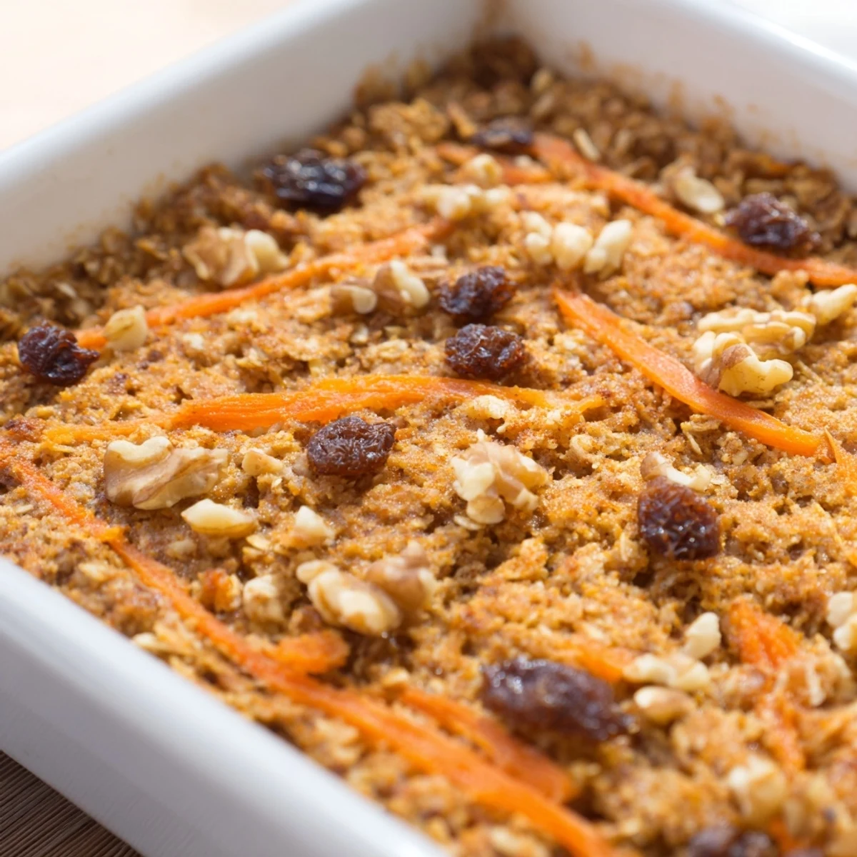 Warm slice of carrot cake baked oatmeal served in a bowl with yogurt drizzle