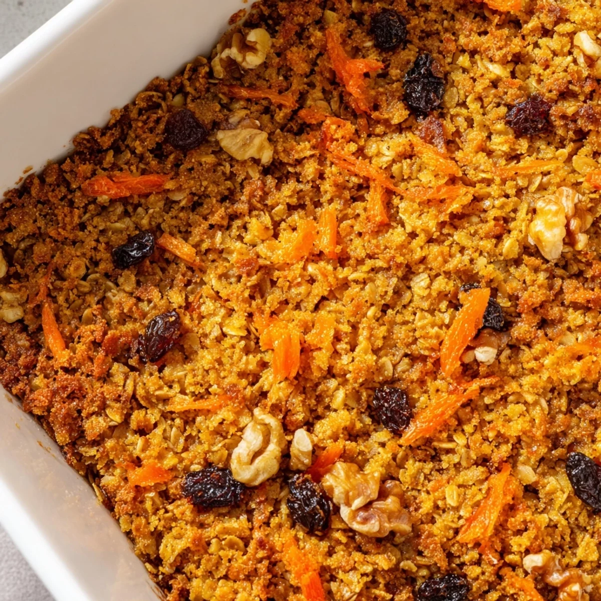 Golden carrot cake baked oatmeal topped with walnuts and raisins, fresh from the oven