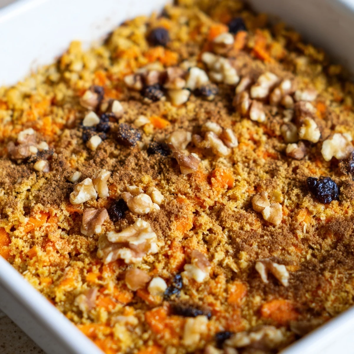 Wholesome baked oatmeal with grated carrots and warm spices, perfectly golden and set