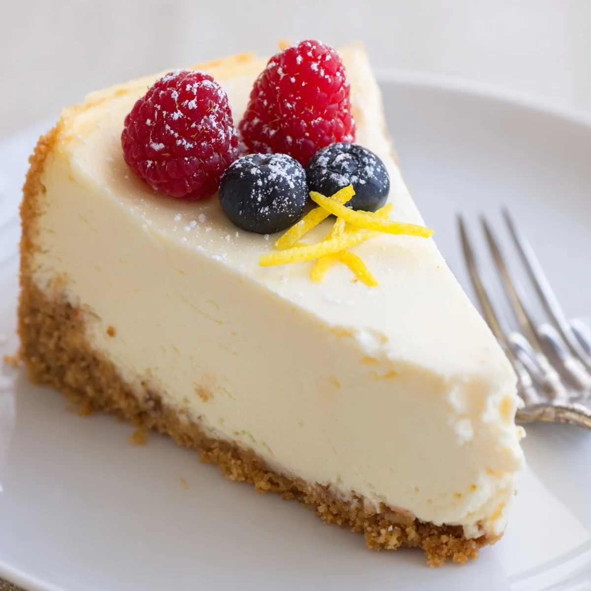 Chilled Classic Cheesecake, smooth center and optional fresh berry topping