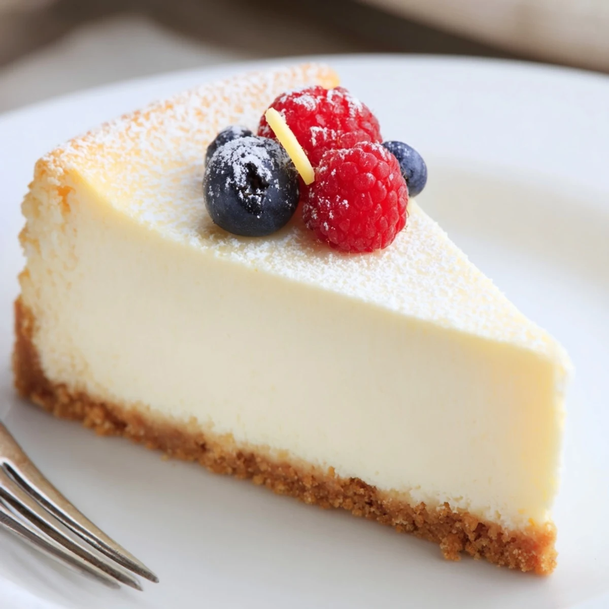 Classic Cheesecake sliced with hot, wet knife; silky texture, coffee-ready