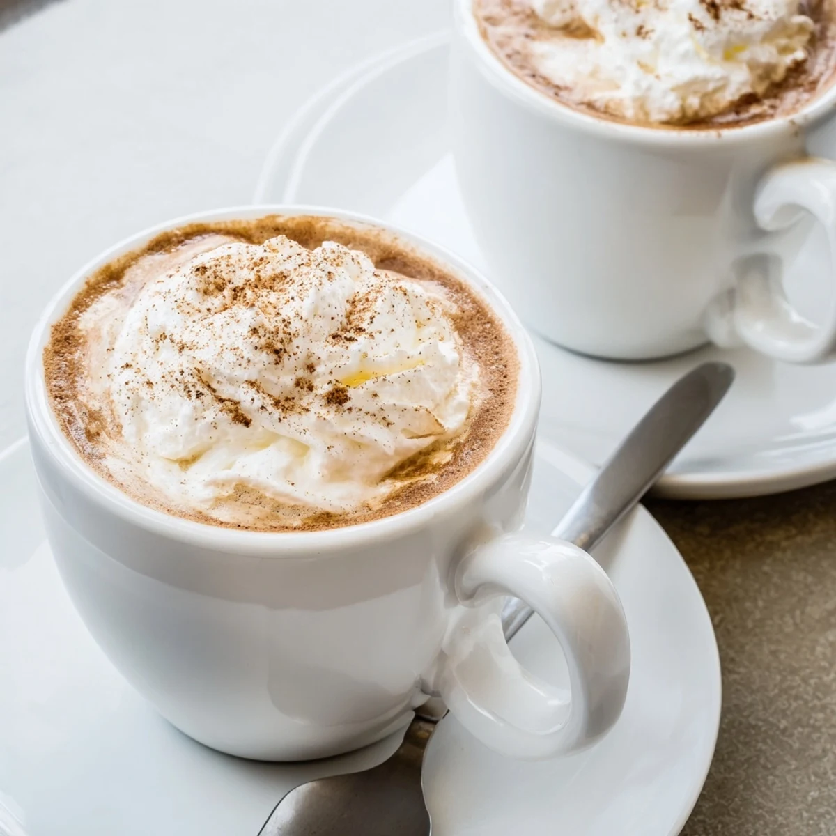 Two steaming Cozy Winter Lattes topped with whipped cream and cinnamon