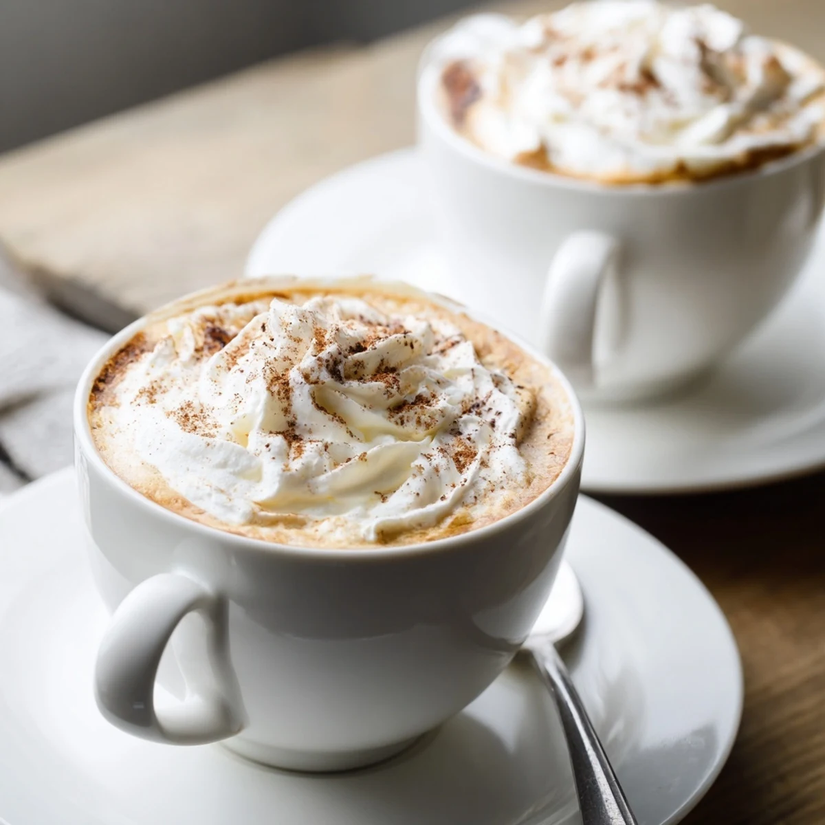 Close up Cozy Winter Lattes swirling cinnamon and nutmeg, ready to sip