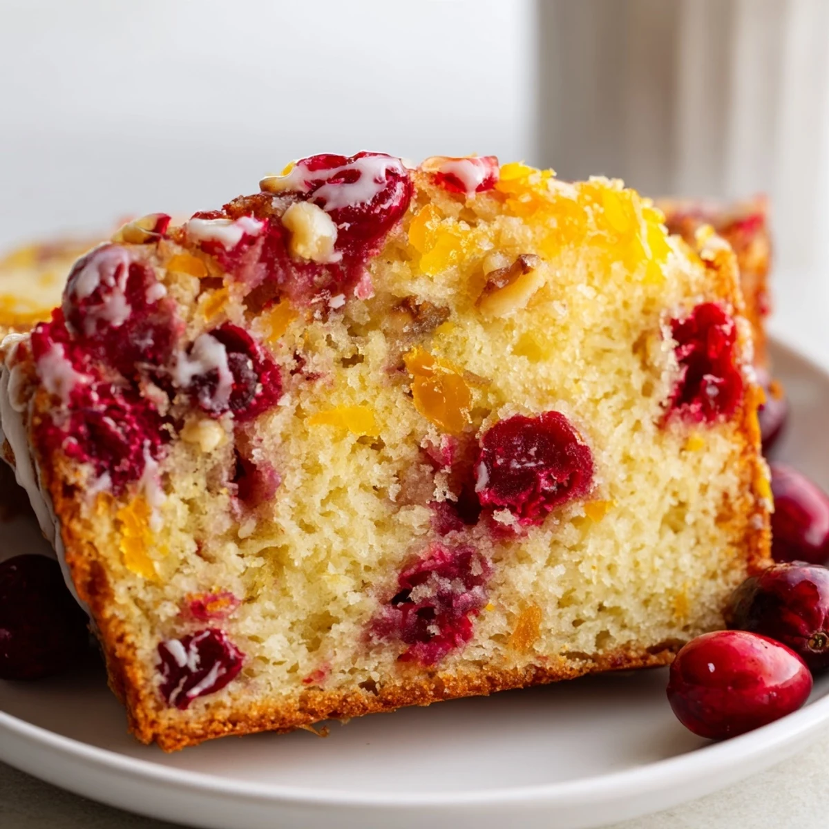 Sliced Cranberry Orange Bread served with butter, bright orange zest flakes