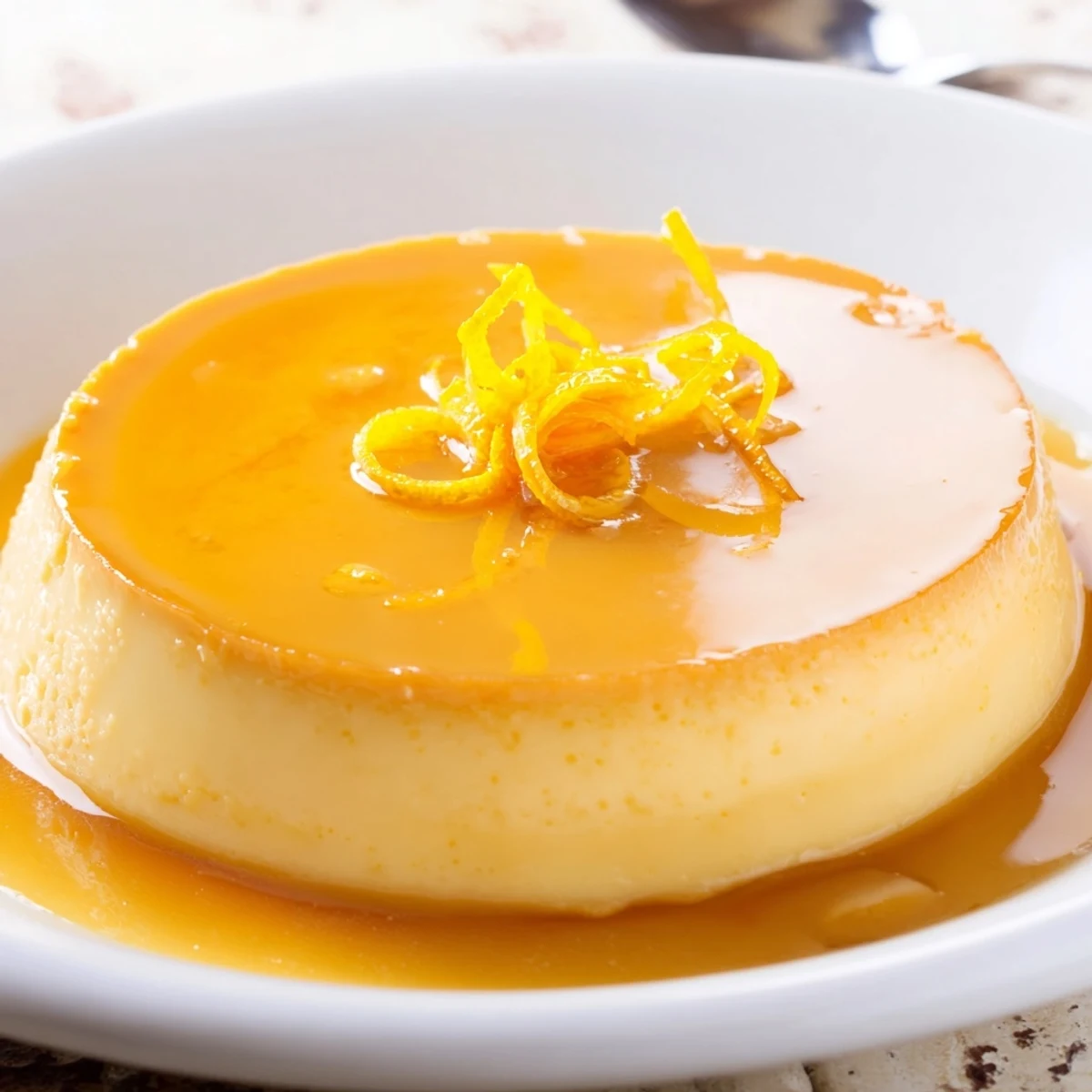 Silky Flan Napolitano topped with amber caramel, sliced, served with berries