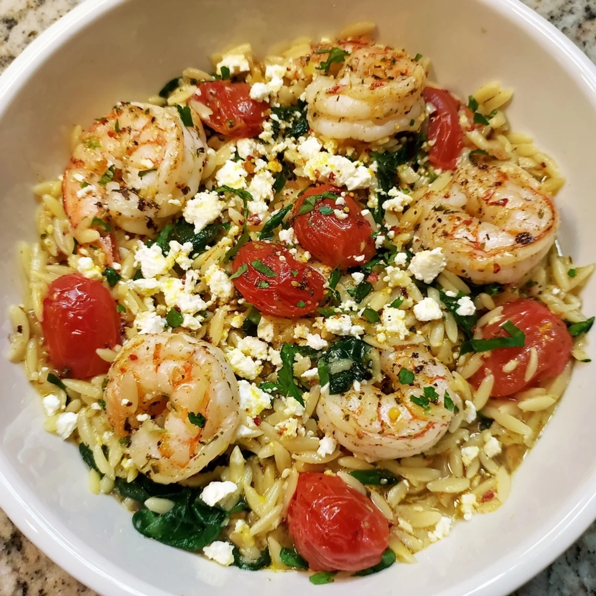Sizzling pan-roasted shrimp and creamy orzo in Lemon Feta Orzo Shrimp Recipe