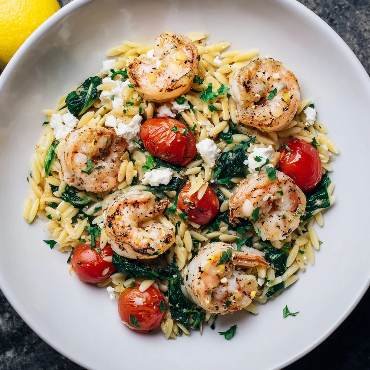 Bright lemon zest and crumbled feta crown the Lemon Feta Orzo Shrimp Recipe