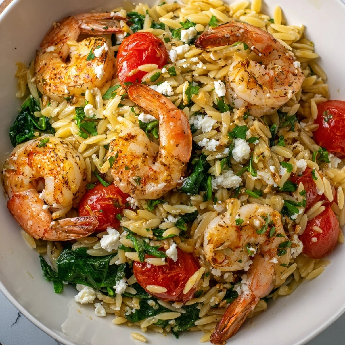 Served warm with parsley and tomatoes, Lemon Feta Orzo Shrimp Recipe delights