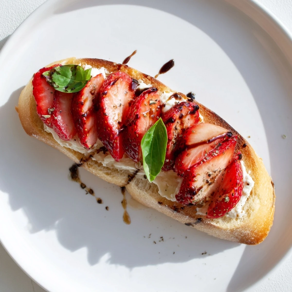 Bright Strawberry Ricotta Bruschetta garnished with basil, balsamic glaze for serving