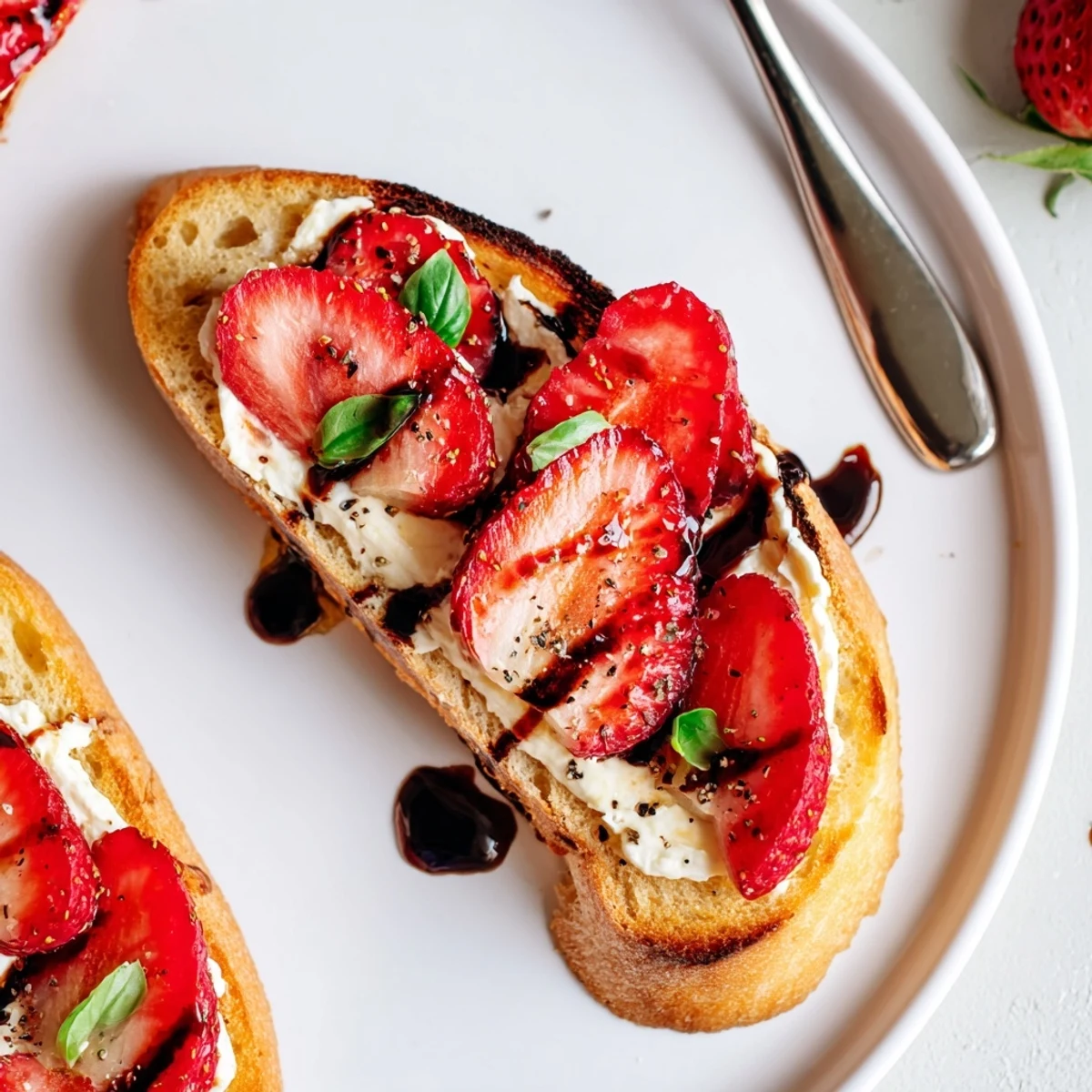 Strawberry Ricotta Bruschetta on toasted baguette with creamy ricotta spread